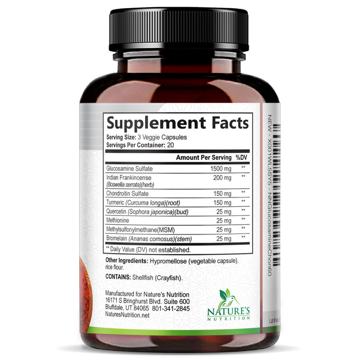 Glucosamine Chondroitin MSM 2100mg Complex - Joint Support Supplement for Joint Mobility & Comfort For Men and Women with Turmeric & Boswellia, Triple Strength Glucosamine Supplements - 60 Capsules
