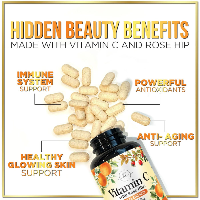 Vitamin C Supplement 1000mg - Extra Strength with Rose Hips Bioflavonoids - Sugar Free Vitamin C Chewable Pills, Nature's Vit C for Immune Support & Antioxidant Protection - 60 Chewable Tablets