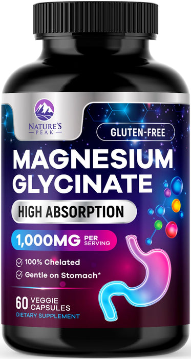 Magnesium Glycinate Supplement Pure 1000 mg Chelated for Max Absorption - Supports Bone, Muscle, Nerve & Heart Health, Sleep Support - Best Magnesium Pills for Whole Body Support - 60 Capsules