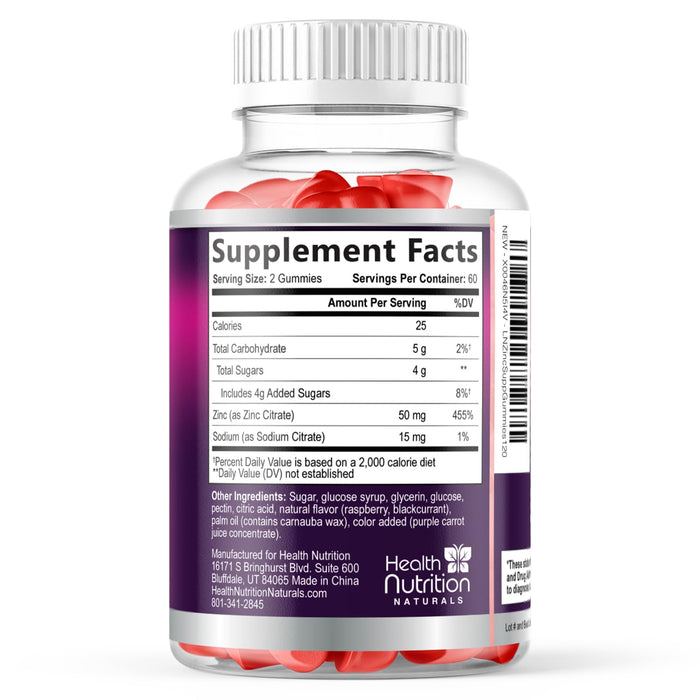 Zinc Supplement 50mg Gummies for Adults - Max Strength Skin Health & Immune Support Gummy, Vegan, Non-GMO & Gluten Free, Nature’s Antioxidant & Bone Health Chewable Tasty Berry Flavor - 120 Gummies