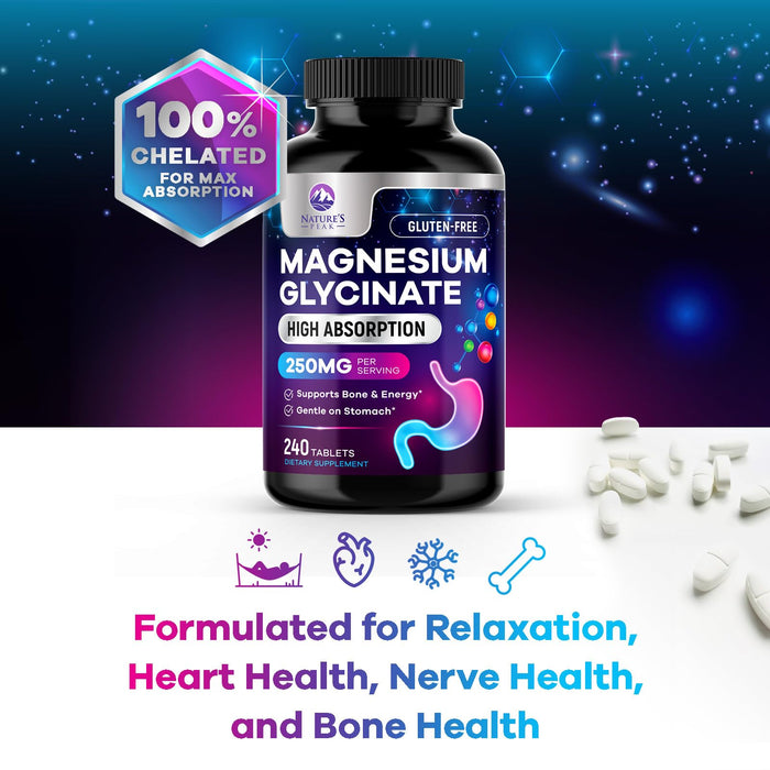 Magnesium Glycinate Chelated for Max Absorption - Supports Bone, Muscle, Nerves & Heart Health, Nature's Sleep and Stress Support, Best Magnesium Supplement Pills for Whole Body Support - 240 Tablets