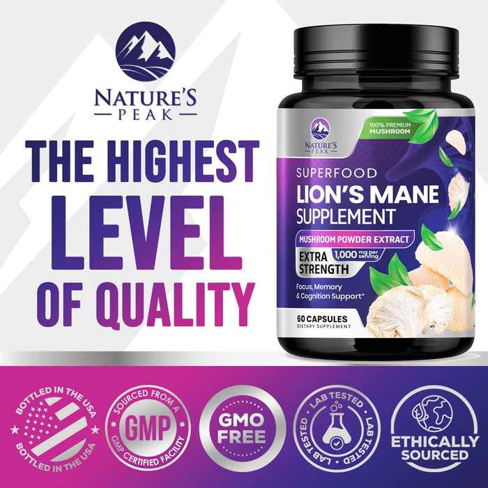 Lions Mane Mushroom Capsules 10,000mg - Lion’s Mane Supplement Capsules for Memory and Focus Support, Brain, Immune Health Support, Vegan, Bottled in USA, Lions Mane Mushroom Powder Extract, 60 Count