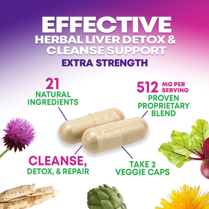 Gentle Liver Cleanse Detox & Repair Formula - Herbal Liver Support Supplement: Milk Thistle with Silymarin, Artichoke Extract, Dandelion, Beet, Chicory Root, & Turmeric for Liver Health - 180 Capsules