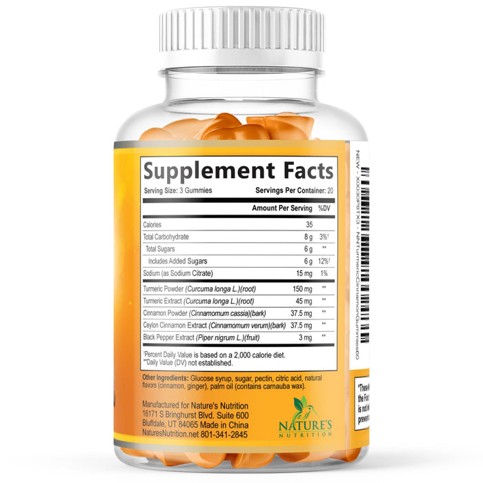 Turmeric Curcumin Supplement Gummies with Ginger & Cinnamon, 95% Curcuminoids Turmeric Curcumin Gummy with Black Pepper for Best Absorption, Nature's Vegan Joint Support Tumeric, Non-GMO, 60 Gummies