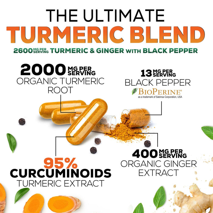 Turmeric Curcumin Supplement 2600mg with Organic Ginger & Turmeric, BioPerine Black Pepper Extract 95% Curcuminoids - Advanced Absorption Joint & Antioxidant Extra Strength Support - 120 Capsules
