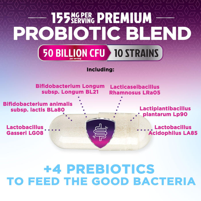 Probiotics 60 Billion CFU per Serving - 10 Strains + Prebiotics - Digestive Health, Gut & Immune Support - Supports Occasional Constipation, Gas & Bloating for Women & Men Shelf Stable - 60 Capsules
