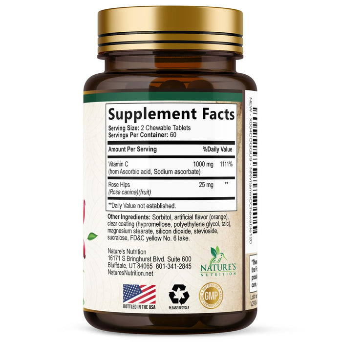 Vitamin C Chewable 1000mg - Extra Strength Antioxidants for Powerful Immune Support w/Vitamin C & Rose HIPS - Potent Dietary VIT C Chews Supplement, Natural, Vegan, Gluten-Free, Non-GMO - 120 Tablets