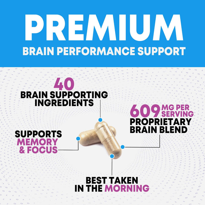 Brain Memory Supplement Pills - Nootropics Support for Concentration, Clarity, Alertness & Focus - Brain Health with Bacopa, Cognitive Vitamins, Phosphatidylserine, DMAE - Brain Booster - 120 Capsules