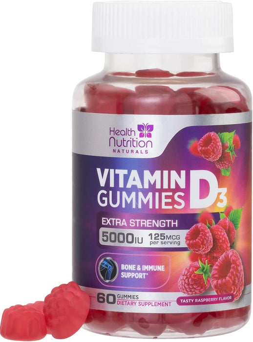Vitamin D3 Gummies 5000 IU (125 mcg) - Extra Strength Immune Support, Bone, Teeth and Muscle Vitamin D Gummy Dietary Supplement, Nature's Berry D Vitamin Supplement, Raspberry, Non-GMO - 60 Gummies