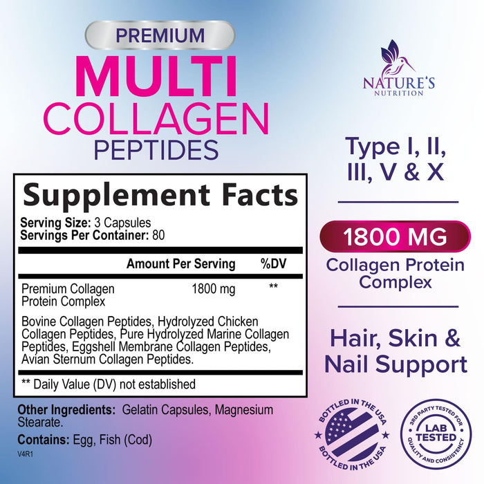 Multi Collagen Peptides Supplement - Hydrolyzed Types I, II, III, V & X Multi Collagen Pills, Hydrolyzed Collagen Peptides Supplements, Hair, Skin, Nail, and Joint Support Supplement, 240 Capsules