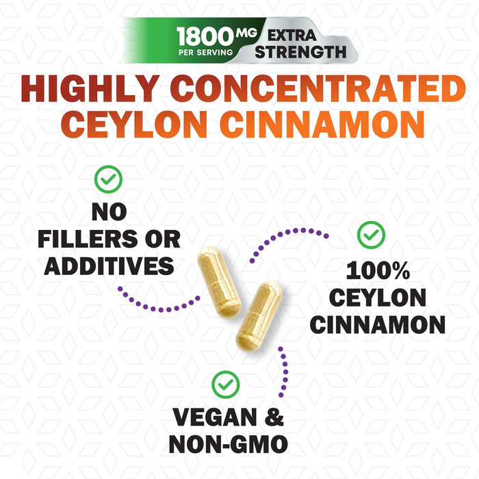 Organic Ceylon Cinnamon Supplement 1800mg - Certified Organic Ceylon Cinnamon Powder Pills - Energy & Heart Support for Women & Men, Bottled in USA, Antioxidant, Gluten Free, Non-GMO - 180 Capsules