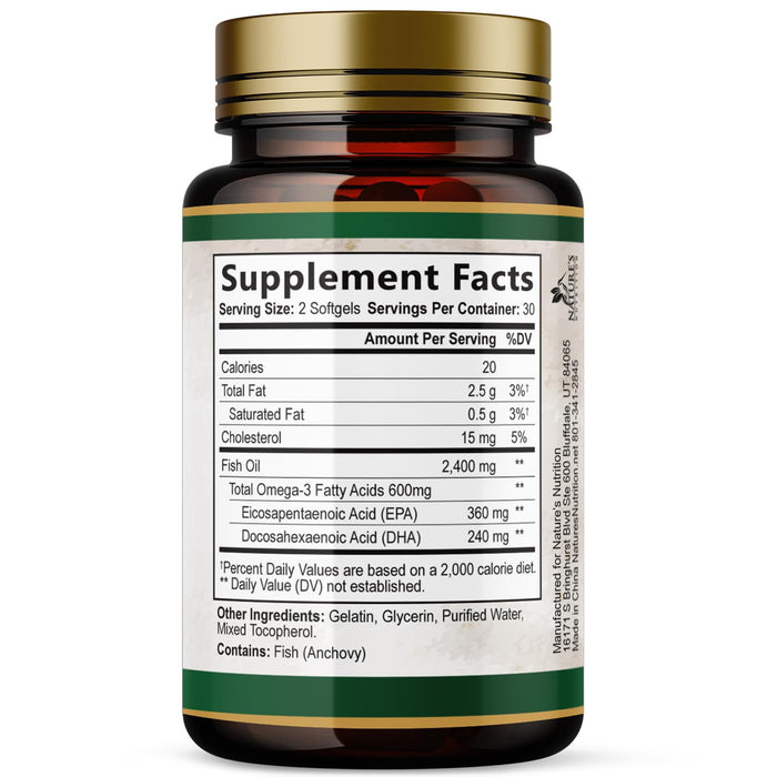Omega 3 Fish Oil Supplements - 2400 mg Triple Strength Omega3, EPA & DHA with Essential Fatty Acids - Natural Immune, Brain & Heart Health Support - Gluten Free, Non-GMO, Wild Caught - 60 Softgels