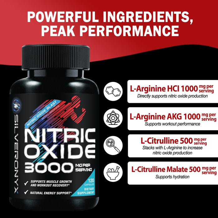 Extra Strength Nitric Oxide Supplement 3X Strength L Arginine, Citrulline Malate, AAKG, Beta Alanine - Premium Muscle Supporting Nitric Booster - Natural Energy & Heart Health Support - 120 Capsules