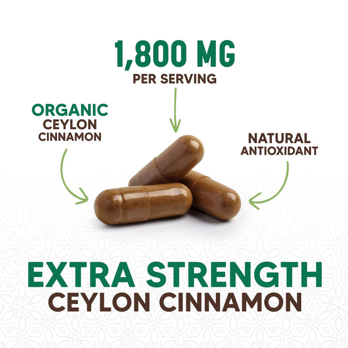 Ceylon Cinnamon Capsules 1800mg - Certified Organic Ceylon Cinnamon Powder Supplement, Bottled in USA, Extra Strength Energy & Heart Support Pills, Non-GMO & Gluten Free, Sugar Free - 180 Capsules