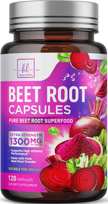 Organic Beet Root Capsules 1300mg - Extra Strength Beetroot Powder Supplement - Supports Blood Pressure, Athletic Performance & Immune System, Non-GMO, Gluten Free - Bottled in the USA - 120 Capsules