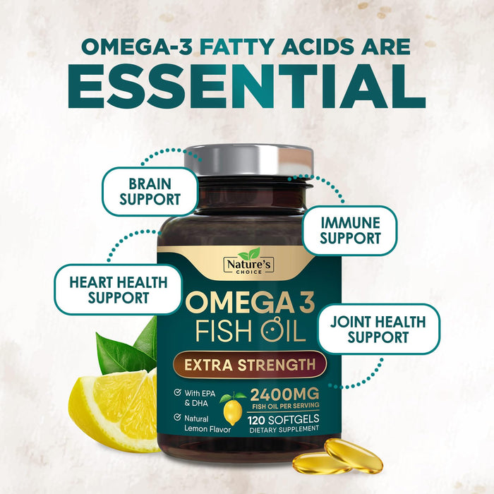Omega 3 Fish Oil Supplement 2400 mg - Triple Strength EPA & DHA Fish Oil Omega 3, Essential Fatty Acids Supplement Softgels, Brain & Heart Health Support Supplements, Gluten Free Non-GMO, 120 Softgels