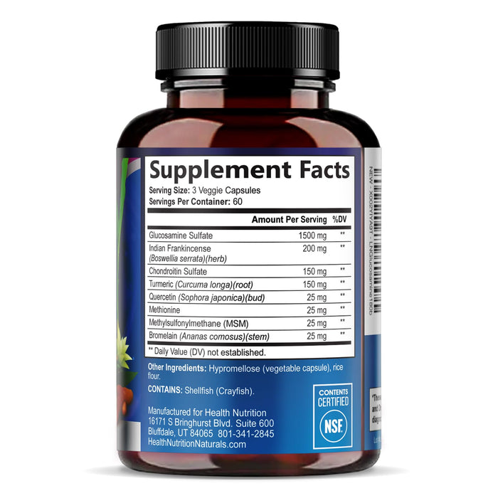 Glucosamine Chondroitin MSM 2100mg Complex - Joint Health Supplement with Turmeric & Boswellia - Quercetin for Cartilage, Flexibility & Mobility - Triple Strength Glucosamine Sulfate - 180 Capsules