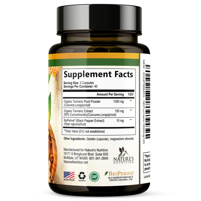 Turmeric Curcumin Supplement 1500mg - Organic Tumeric & BioPerine Black Pepper for Best Absorption with 95% Curcuminoids, Nature's Joint & Immune Support, Non-GMO, Bottled in USA - 120 Capsules