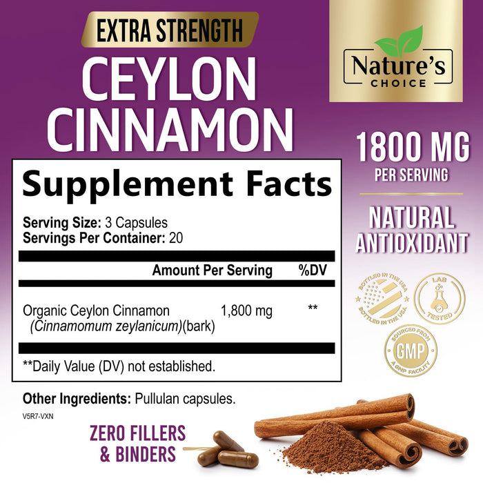 Ceylon Cinnamon Capsules 1800mg - Certified Organic Cinnamon, Bottled in USA, & Pure Extra Strength Ceylon Cinnamon Supplement, Antioxidant Pills, Non-GMO & Gluten Free, Sugar Free - 60 Capsules
