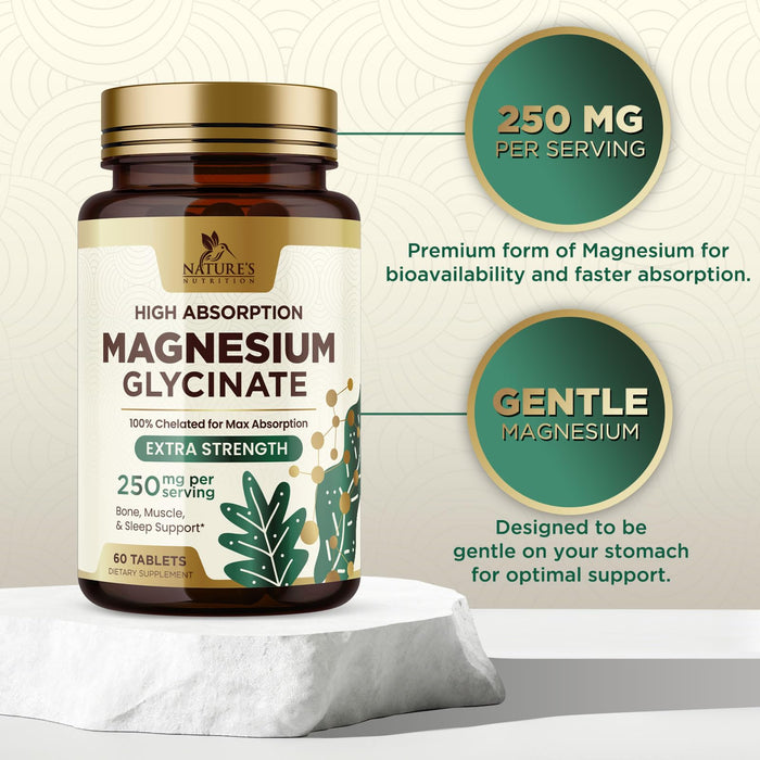 Magnesium (Glycinate) - Magnesium Supplement for Heart Health, Nerve, Muscle, Bone, and Sleep Support - 100% Chelated & High Absorption - 250 mg per Serving - Gluten Free, Vegan, Non-GMO - 60 Count