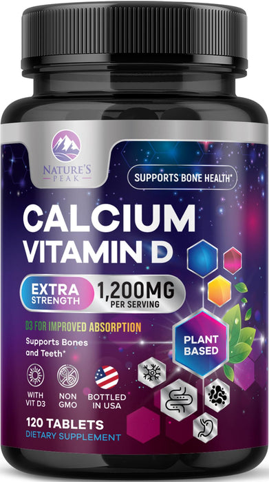 Calcium 1200 mg with Vitamin D3 (1600 IU), Calcium Supplement Vitamins, Bone, Teeth & Immune Health Support, Calcium Supplements with D for Women & Men, Nature's Absorbable Carbonate - 120 Tablets