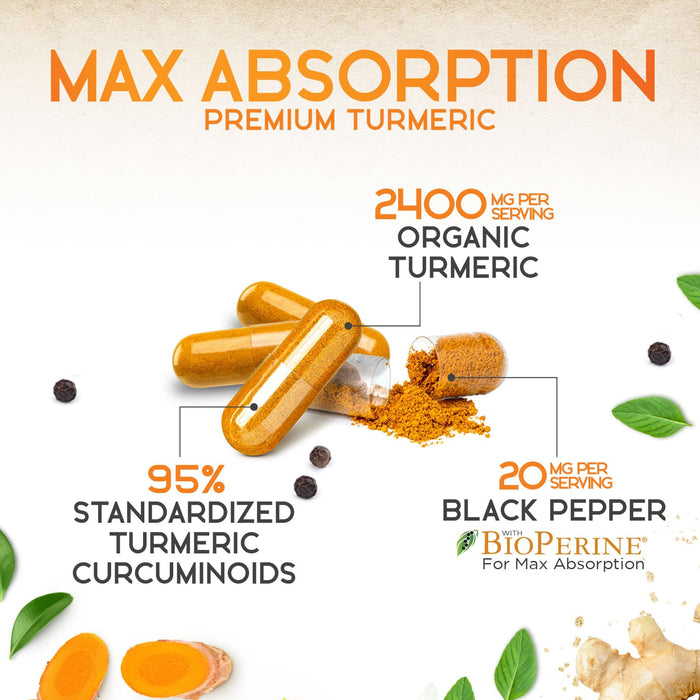 Turmeric Curcumin Supplement 2600mg - 95% Curcuminoids with Organic Turmeric & BioPerine Black Pepper for Best Absorption, Nature's Vegan Joint Support, Non-GMO Tumeric, Bottled in USA - 180 Capsules