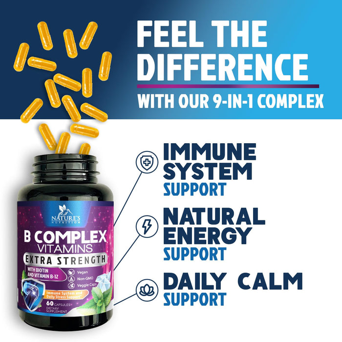 B Complex Vitamins Capsules with Vitamin B6 B12 B100 C Biotin Folate & Folic Acid – 60 Capsules