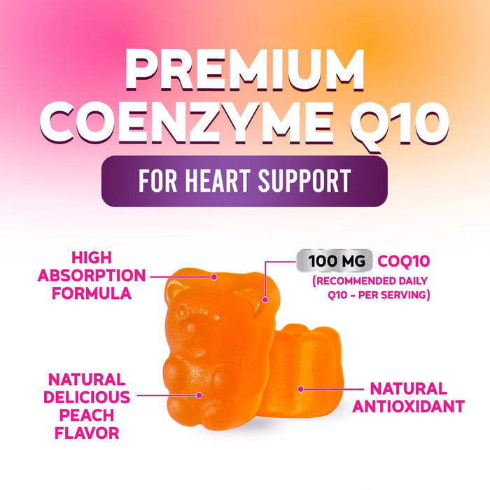 Nature's Nutrition CoQ10 Gummies 100mg – High Absorption Coenzyme Q10 Supplement for Heart Health, Energy & Antioxidant Support – Peach Flavor Gummy, Vegan, Non-GMO, Gluten Free – 120 Count