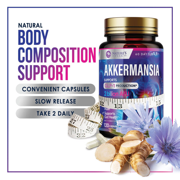 Akkermansia Probiotic Supplement - 2 Billion AFU GLP-1 Supplement with Prebiotic Fiber - Akkermansia Muciniphila GLP-1 Probiotics for Women & Men - Digestive, Gut & Immune Support - 120 Capsules