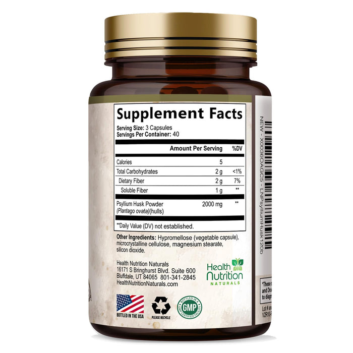 Psyllium Husk Fiber Caps 1500mg Supplement - Psyllium Husk Capsules Daily Support Digestive Health & Regularity, Nature's Plant Based Husks Natural Soluble Fiber Pills, Vegan, Non-GMO - 120 Capsules