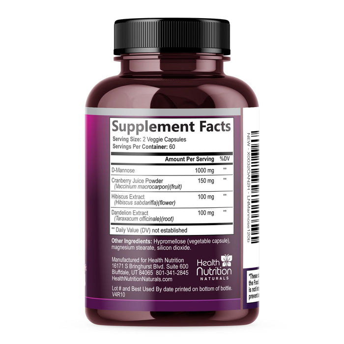 D-Mannose Supplement 1,000mg - with Cranberry, Hibiscus & Dandelion - Fast-Acting, Natural Urinary Tract & Bladder Support for Women & Men – Flush & Cleanse Impurities – Non-GMO, Vegan – 120 Capsules