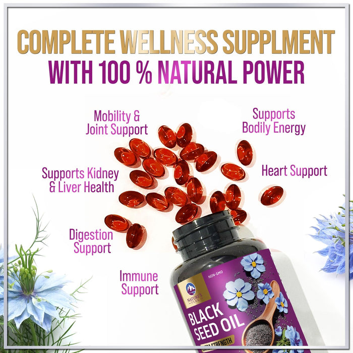 Black Seed Oil 1000mg - Premium Extra Strength Nigella Sativa Blackseed Oil - Black Seed Oil Skin, Digestive Health & Immune Support - Non-GMO Antioxidant, Gluten Free Supplement - 120 Softgels