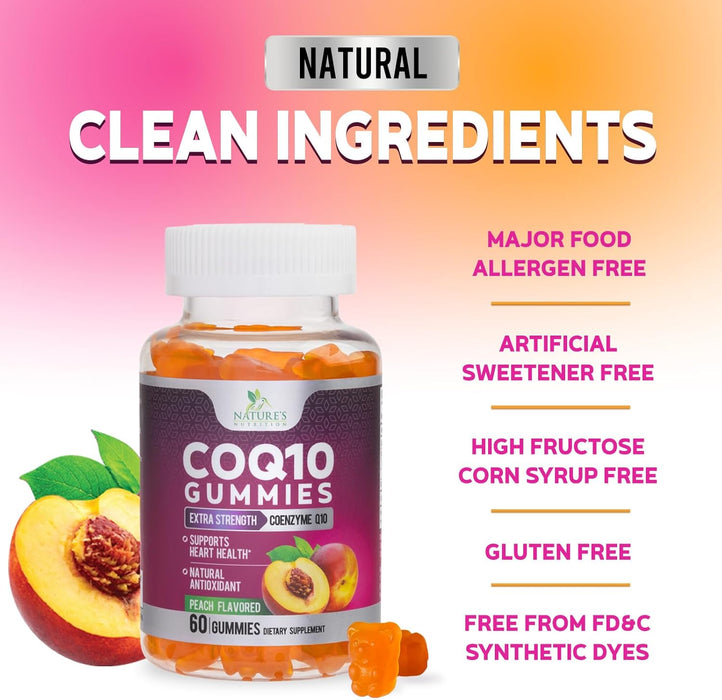 Nature's Nutrition CoQ10 Gummies 100mg â€“ High Absorption Coenzyme Q10 Supplement for Heart Health, Energy & Antioxidant Support â€“ Peach Flavor Gummy, Vegan, Non-GMO, Gluten Free â€“ 60 Count