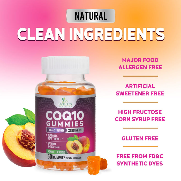 Nature's Nutrition CoQ10 Gummies 100mg – High Absorption Coenzyme Q10 Supplement for Heart Health, Energy & Antioxidant Support – Peach Flavor Gummy, Vegan, Non-GMO, Gluten Free – 60 Count