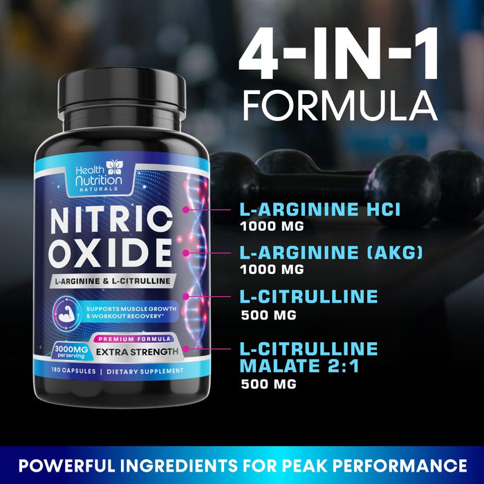 Extra Strength Nitric Oxide Supplement 3X Strength L Arginine, Citrulline Malate, AAKG, Beta Alanine - Premium Muscle Supporting Nitric Booster - Natural Energy & Heart Health Support - 180 Capsules