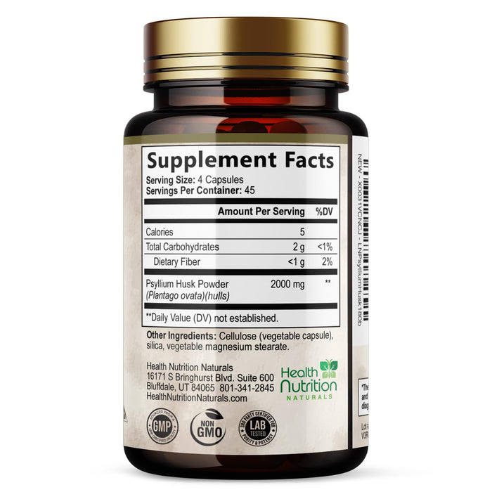 Psyllium Husk Fiber Caps 1500mg Supplement - Psyllium Husk Capsules Daily Support Digestive Health & Regularity, Nature's Plant Based Husks Natural Soluble Fiber Pills, Vegan, Non-GMO - 180 Capsules