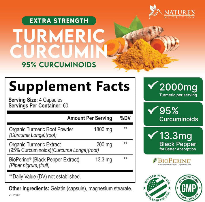 Turmeric Curcumin Supplement 2000mg - Nature's Joint & Immune Support, Organic Tumeric & BioPerine Black Pepper for Best Absorption with 95% Curcuminoids, Non-GMO, Bottled USA - 240 Count