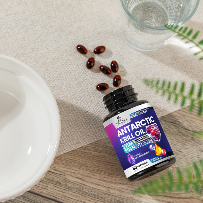 Krill Oil Omega 3 Supplement - 1000 mg with Astaxanthin Sourced from Red Krill, Antarctic Krill Oil with Omega 3 EPA, DHA, Triple Strength Brain Health Immune Support with Phospholipids - 60 Softgels