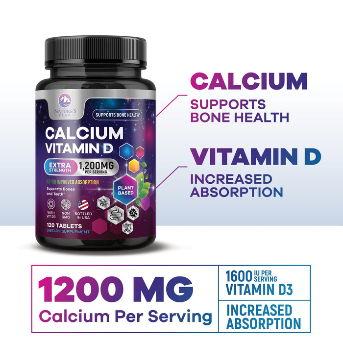 Calcium 1200 mg with Vitamin D3 (1600 IU), Calcium Supplement Vitamins, Bone, Teeth & Immune Health Support, Calcium Supplements with D for Women & Men, Nature's Absorbable Carbonate - 120 Tablets