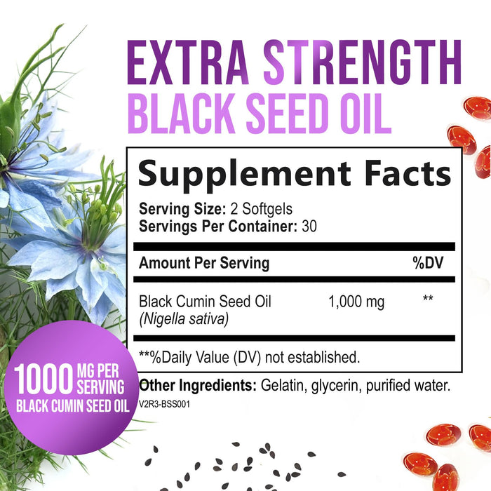 Black Seed Oil Capsules 1000mg with Thymoquinone - Pure Nigella Sativa for Skin Health & Immune Support, 100% Blackseed Oil, Amazing Extraction Above Cold Pressed Black Cumin Seed - 60 Softgels