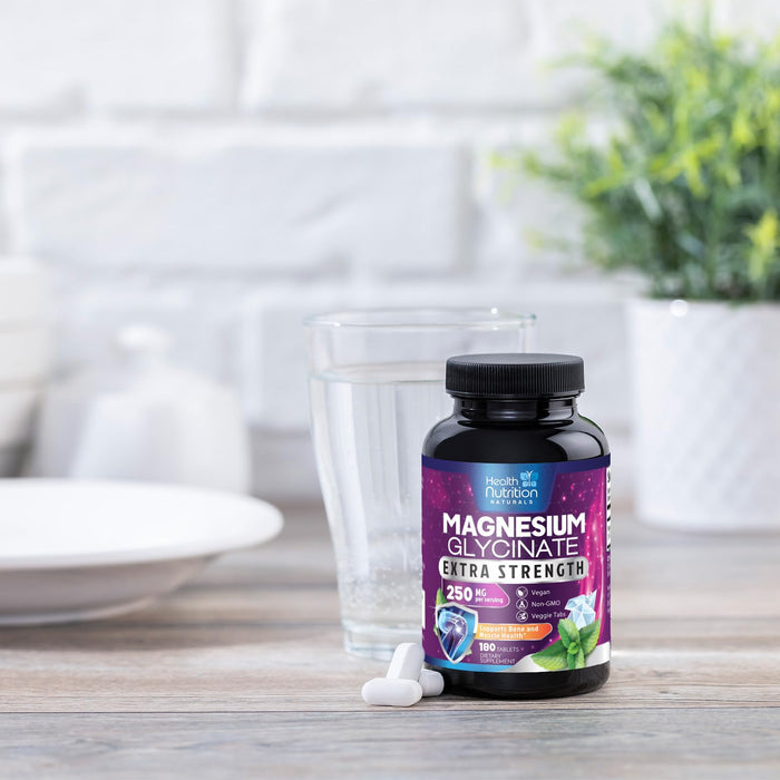 Magnesium Glycinate 250mg - 100% Chelated Magnesium for Max Absorption - Sleep Support, Muscle, Nerves, Bone & Heart Health Support, Best Mag Supplement, Vegan Non-GMO, 3rd Party Tested - 180 Tablets