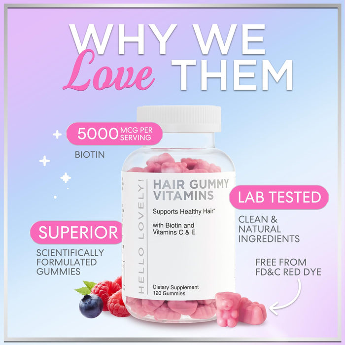 Hair Vitamins Gummies - Biotin 5000 mcg with Vitamin E, C & Zinc, Hair Growth Vitamins for Women & Men - Stronger, Beautiful Hair, Skin & Nails Supplement, Non-GMO & Gluten-Free - 120 Gummy Bears