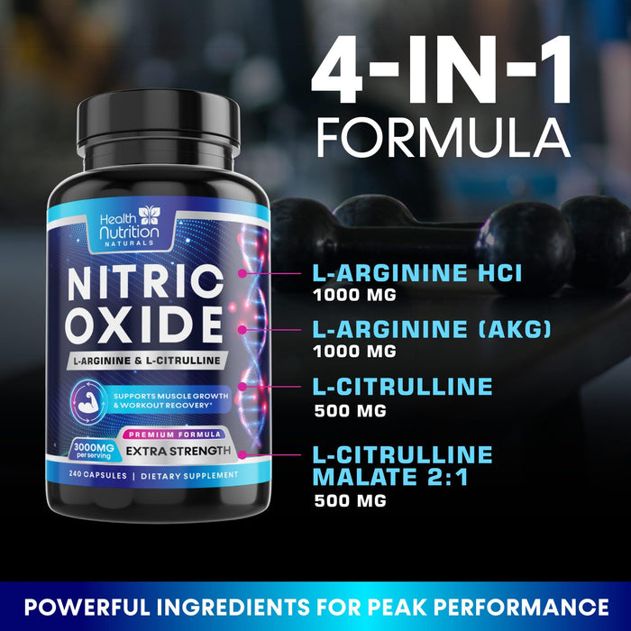Extra Strength Nitric Oxide Supplement 3X Strength L Arginine, Citrulline Malate, AAKG, Beta Alanine - Premium Muscle Supporting Nitric Booster - Natural Energy & Heart Health Support - 240 Capsules