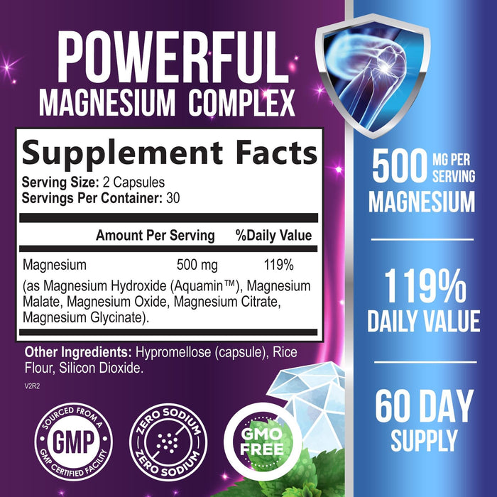 Magnesium Complex Capsules 500 mg with Oxide, Glycinate, Malate, Citrate - High Absorption Complex Chelated Magnesium Mineral Supplements - for Muscle, Bone and Heart Health Support - 60 Capsules