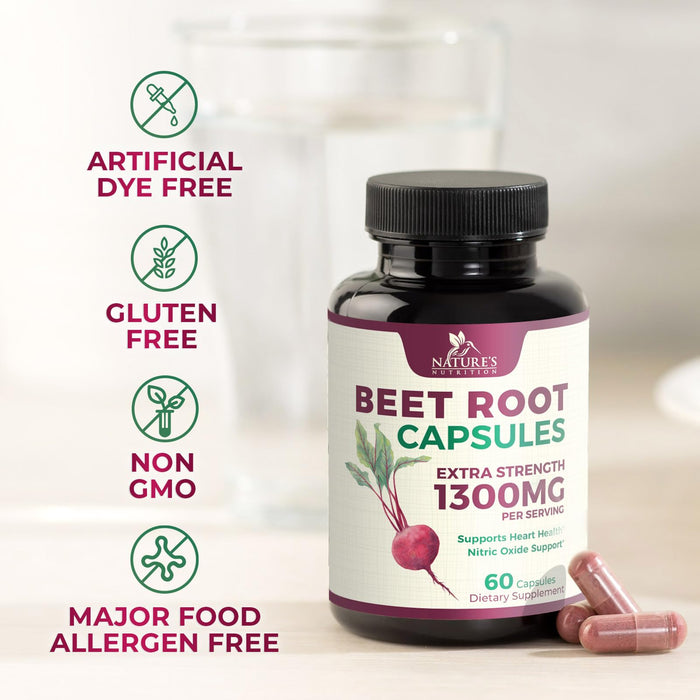 Beet Root Capsules 1300mg - Extra Strength Red Beetroot Powder Supplement â€“ Supports Nitric Oxide Production, Heart Health & Natural Energy â€“ Non-GMO, Vegan, Gluten Free â€“ 60 Veggie Capsules