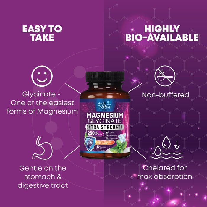 Magnesium Glycinate 250mg - 100% Chelated Magnesium for Max Absorption - Sleep Support, Muscle, Nerves, Bone & Heart Health Support, Best Mag Supplement, Vegan Non-GMO, 3rd Party Tested - 60 Tablets