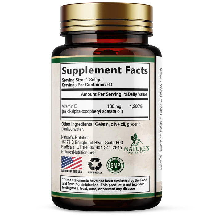 Vitamin E 400 IU Softgels (180mg DL-Alpha) for Women & Men, Supplement for Max Absorption, Nature's Antioxidant for Skin, Heart, Eye, and Immune Health Support, Dairy, Gluten & Soy Free, 60 Softgels