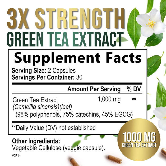 Green Tea Extract Capsules 1000mg with 98% Standardized Polyphenols & 45% EGCG for Heart Support with Antioxidants - 3X Absorption Green Tea Pills for Natural Energy, Gentle Caffeine - 60 Capsules