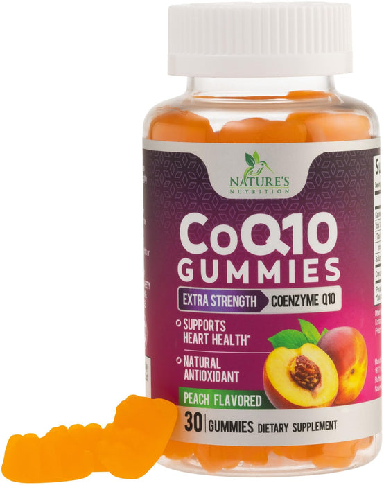 Nature's Nutrition CoQ10 Gummies 100mg â€“ High Absorption Coenzyme Q10 Supplement for Heart Health, Energy & Antioxidant Support â€“ Peach Flavor Gummy, Vegan, Non-GMO, Gluten Free â€“ 30 Count