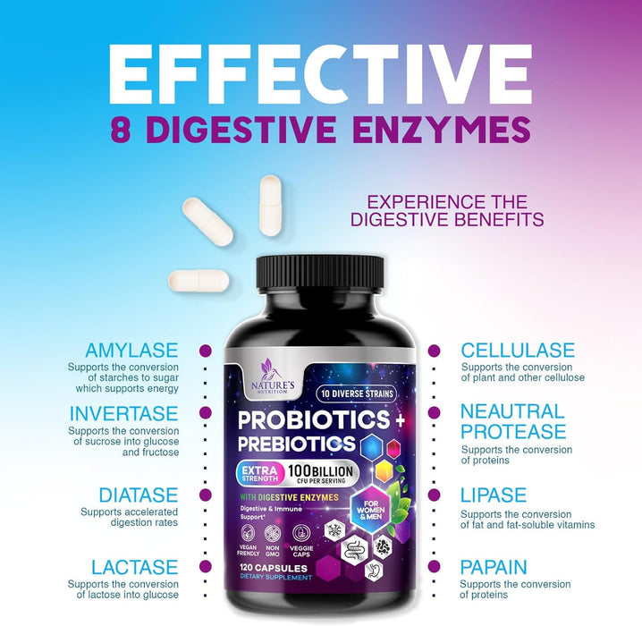 Probiotics for Women & Men 100 Billion CFU - 10 Strains with Lactobacillus, Digestive Gut Health Probiotics & Immune Support Supplement, Supports Occasional Constipation, Gas & Bloating - 120 Capsules